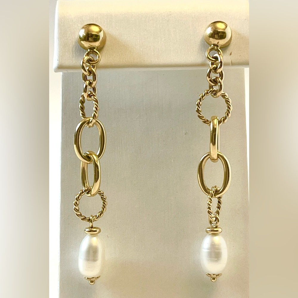 Gorgeous Solid 14k Italian Gold Pearl Hanging Link Earrings Real Gold Oval Pearl